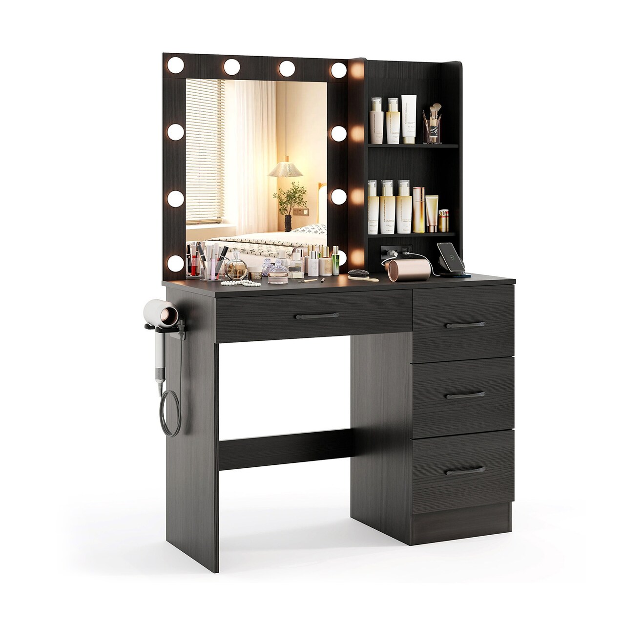 MDF Vanity Desk with Mirror, 3-Color Lighting, Storage and Charging Station